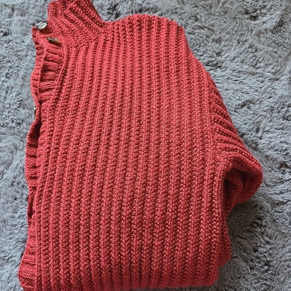 Calvin Klein Vtg Sweater Jacket ButtonBrick Red Wool Hand Knit Ribbed Size M - Picture 5 of 12